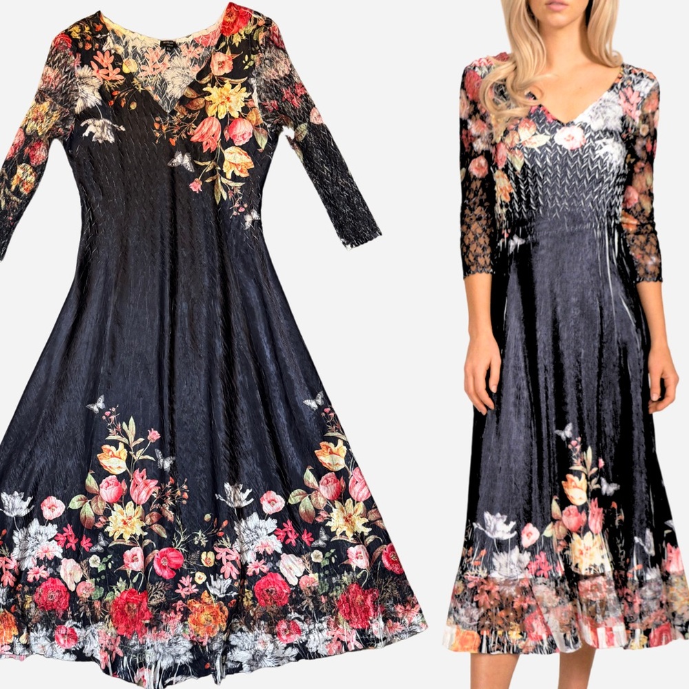 Komarov Floral A-Line Midi Dress | Butterfly | Black | Charmeuse | XL